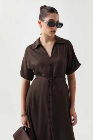 Rareism Women's Elate Brown Viscose Johnny Collar A-Line Plain Midi Dress
