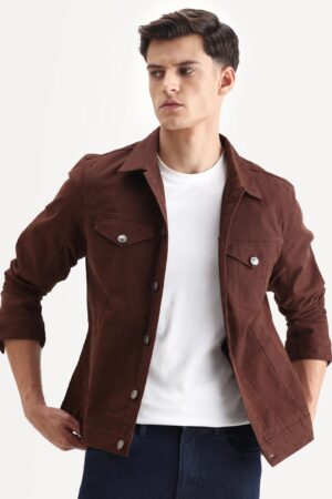 Rare Rabbit Men's Scut Brown Cotton Blend Fabric Collared Neck Relaxed Fit Plain Jacket